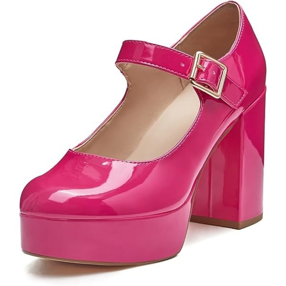 Hot Pink Round Toe Chunky Platform Heels Patent Mary Jane Dress Shoes